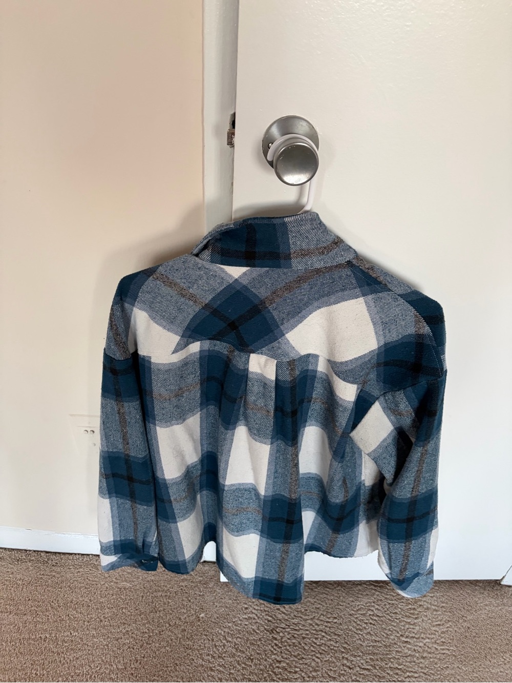 Blue and White Plaid Button-Up Shirt Jacket